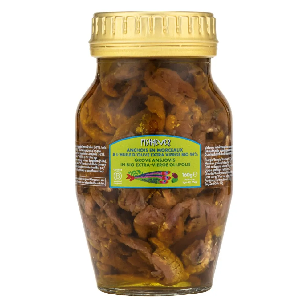 [510011] Fish4Ever Grove Ansjovis in Bio Extra Vierge Olijfolie - Bokaal (160 gr)
